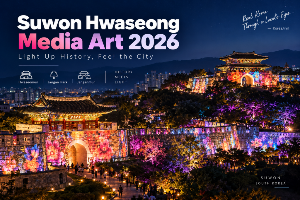 Suwon Hwaseong Media Art 2026 — KoreaJinil cover graphic showing illuminated fortress gates and festival lights.